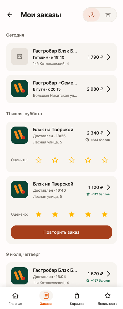 Экран заказов и доставки в Райдо